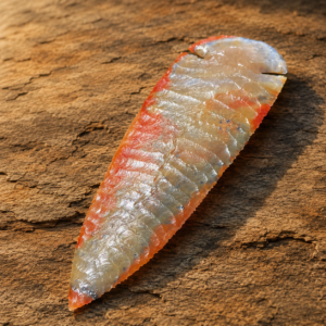 Handcrafted flintknapped Dovetail spear point made from Agatized Florida Coral by Joel Robinson featuring translucent cream tones with glowing orange and red edges.