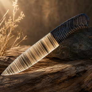 Handcrafted flintknapped stone knife made from Banded Obsidian by Joel Robinson featuring black and honey-gold banding with a stabilized Woolly Mammoth tooth handle.