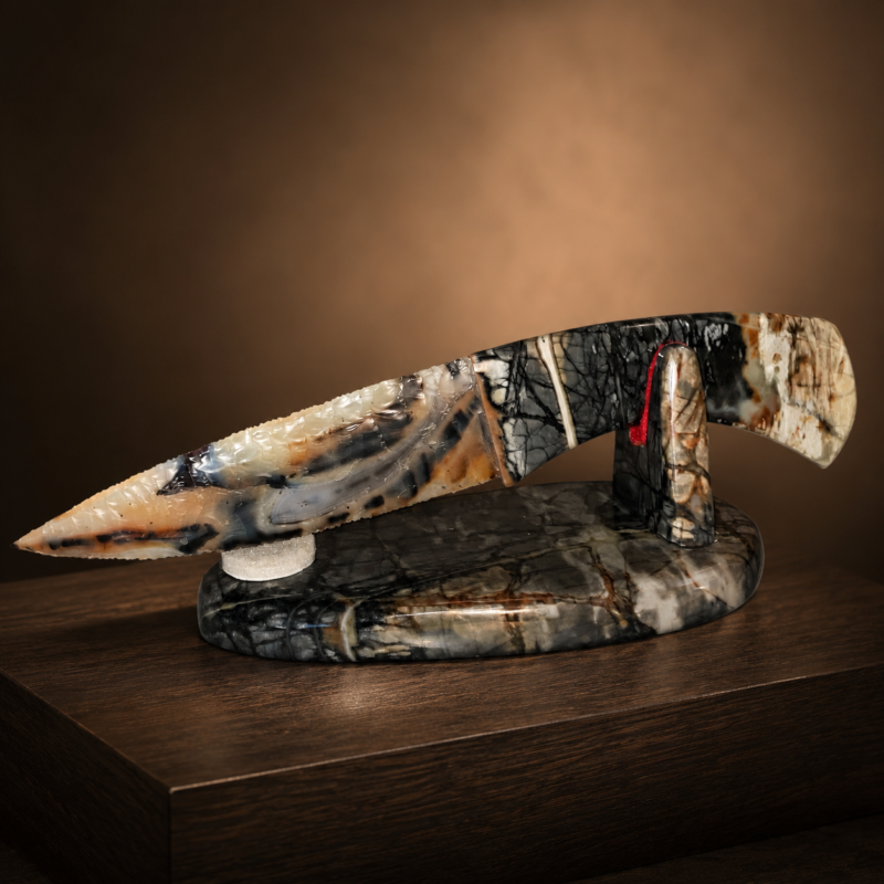 Handcrafted Piranha Agate knife with a Picasso Marble handle and matching Picasso Marble display stand by Joel Robinson.