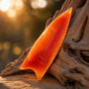 Handcrafted flintknapped Dalton spear point made from Brazilian Agate by Joel Robinson featuring translucent orange, amber, and deep red coloration.