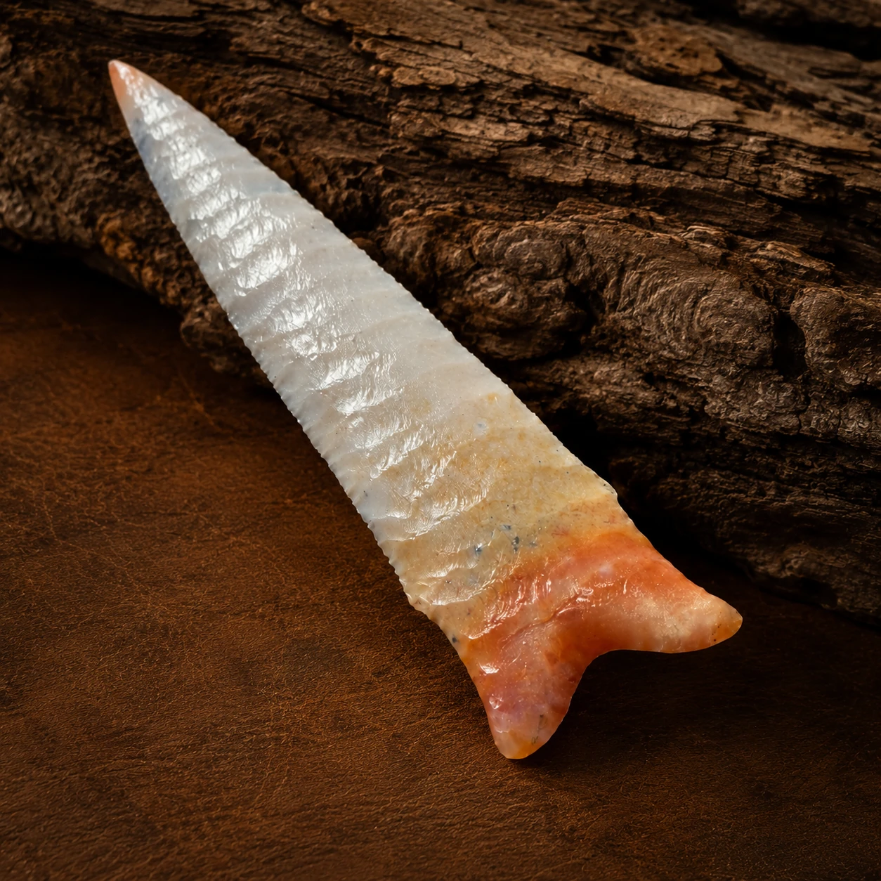 Handcrafted flintknapped Dalton spear point made from Agatized Florida Coral by Joel Robinson featuring translucent cream and soft orange natural color variations.