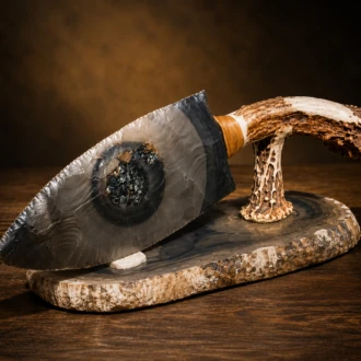 Handcrafted Hornstone bullseye knife with natural deer antler handle displayed on a matching Hornstone base with deer antler stand by Joel Robinson Stoneworks.