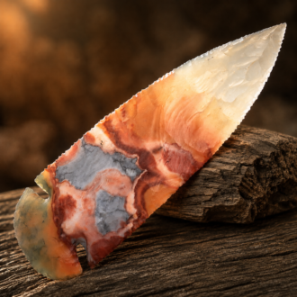 Handcrafted flintknapped Dovetail spear point made from Flint Ridge Flint by Joel Robinson featuring translucent cream, orange, red, and gray natural patterns.