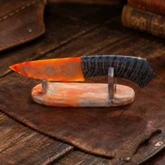 Agatized Florida Coral Display Knife with Woolly Mammoth Molar Handle & Stand by Joel Robinson Stoneworks.