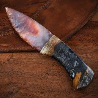 Brazilian Agate Knife with Picasso Marble Handle by Joel Robinson Stoneworks.