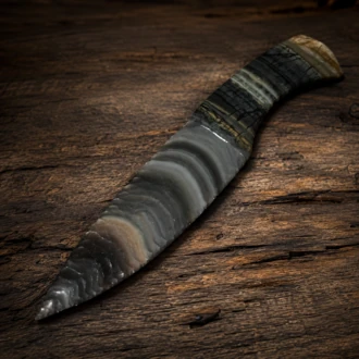 Davis Creek Banded Obsidian Knife with Picasso Marble Handle by Joel Robinson Stoneworks.