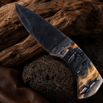 Davis Creek Banded Obsidian Knife with Picasso Marble Handle by Joel Robinson Stoneworks.