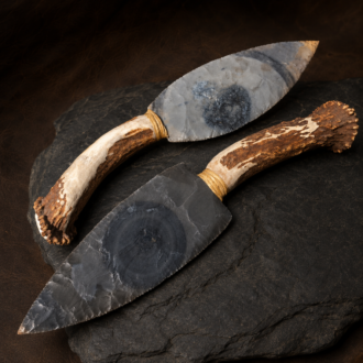 Matching Hornstone Knives with Deer Horn Handles by Joel Robinson Stoneworks.