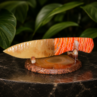 Oregon Fire Opal Knife with Dyed & Stabilized Woolly Mammoth Molar Handle by Joel Robinson Stoneworks.
