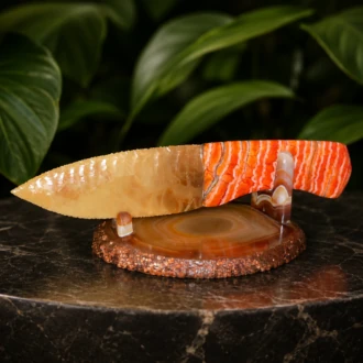 Oregon Fire Opal Knife with Dyed & Stabilized Woolly Mammoth Molar Handle by Joel Robinson Stoneworks.