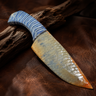 Agatized Florida Coral Knife with Stabilized Woolly Mammoth Molar Handle by Joel Robinson Stoneworks.