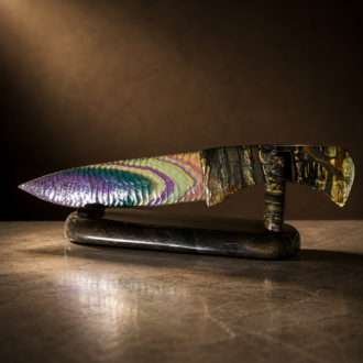 Royal Peacock Obsidian Display Knife with Picasso Marble Handle & Stand by Joel Robinson Stoneworks.
