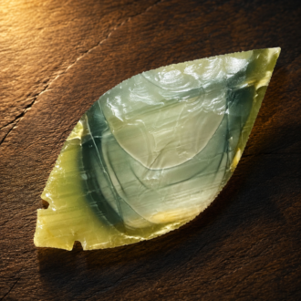 Handcrafted flintknapped Fulton Turkey Tail made from Imperial Jasper by Joel Robinson featuring translucent green, olive, and cream concentric banding.