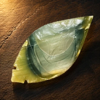 Handcrafted flintknapped Fulton Turkey Tail made from Imperial Jasper by Joel Robinson featuring translucent green, olive, and cream concentric banding.
