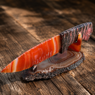Brazilian Agate Display Knife with Stabilized Woolly Mammoth Tooth Handle & Stand by Joel Robinson Stoneworks.