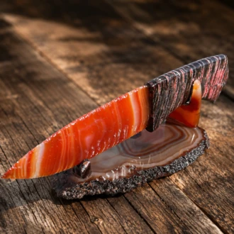 Brazilian Agate Display Knife with Stabilized Woolly Mammoth Tooth Handle & Stand by Joel Robinson Stoneworks.