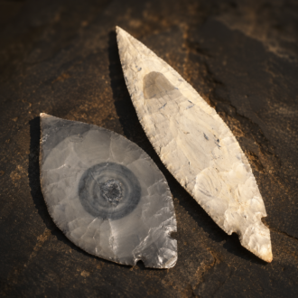 Hornstone Turkey Tail Points by Joel Robinson Stoneworks.