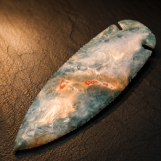 Flint Ridge Chert Dovetail Spear Point with Blue and Cream Patterns by Joel Robinson Stoneworks.