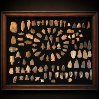 Framed archaeological stone point and lithic artifact collection found by Joel Robinson.
