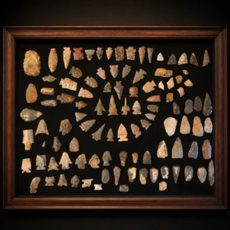 Framed archaeological stone point and lithic artifact collection found by Joel Robinson.