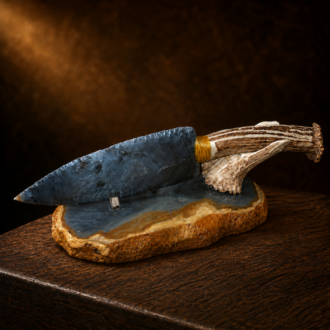 Kentucky Blue Flint Display Knife with Deer Horn Handle & Stand by Joel Robinson Stoneworks.