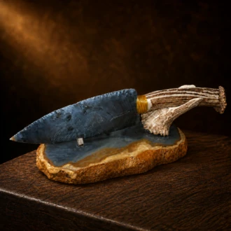 Kentucky Blue Flint Display Knife with Deer Horn Handle & Stand by Joel Robinson Stoneworks.