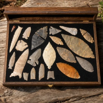 Boxed archaeological collection of stone blades, points, and lithic artifacts found by Joel Robinson.