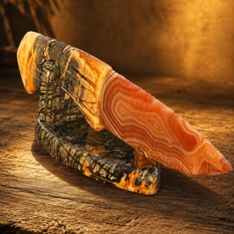 Brazilian Agate Knife with Picasso Marble Handle & Stand by Joel Robinson Stoneworks.