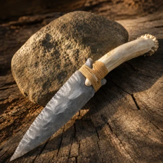 Handcrafted Hornstone knife with a flintknapped blade, naturally shed Whitetail deer antler handle, and traditional rawhide wrap by Joel Robinson.