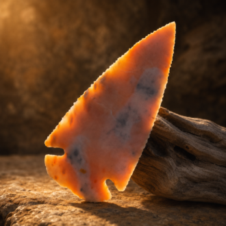 Handcrafted Dovetail point flintknapped from agatized Florida Coral by Joel Robinson, showcasing the stone's natural translucency and fossil beauty.