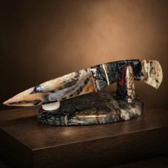 Handcrafted Piranha Agate knife with a Picasso Marble handle and matching Picasso Marble display stand by Joel Robinson.