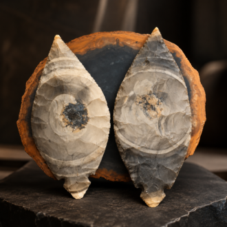 Matching Fulton Turkey Tail flintknapped points handcrafted from Kentucky Hornstone featuring natural bull's eye patterns.