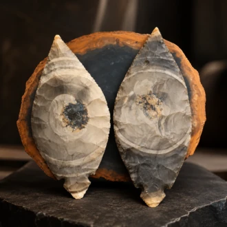 Matching Fulton Turkey Tail flintknapped points handcrafted from Kentucky Hornstone featuring natural bull's eye patterns.