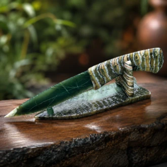 Imperial Jasper Knife with Stabilized Woolly Mammoth Molar Handle & Nephrite Jade Stand by Joel Robinson Stoneworks.