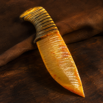 Agatized Florida Coral Knife with Dyed & Stabilized Woolly Mammoth Molar Handle by Joel Robinson Stoneworks.