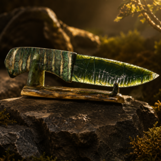 Imperial Jasper Knife with Woolly Mammoth Tooth Handle & Tusk Display Stand by Joel Robinson Stoneworks.