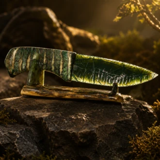 Imperial Jasper Knife with Woolly Mammoth Tooth Handle & Tusk Display Stand by Joel Robinson Stoneworks.