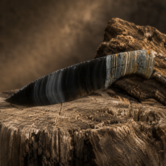 Davis Creek Obsidian Knife with Picasso Marble Handle by Joel Robinson Stoneworks.