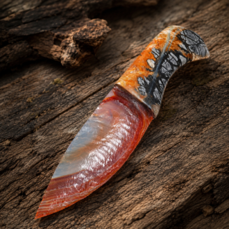 Brazilian Agate Knife with Picasso Marble Handle by Joel Robinson Stoneworks.
