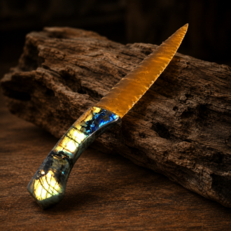 Fiber Optic Glass Knife with Labradorite Handle by Joel Robinson Stoneworks.