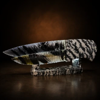 Matching Pair of Midnight Lace Obsidian Knives with Zebra Marble Handles & Display Stand by Joel Robinson Stoneworks.
